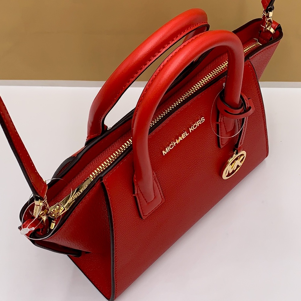 Michael Kors Avril Small Leather Top-Zip Satchel Flame Gold - Picture 5 of 16